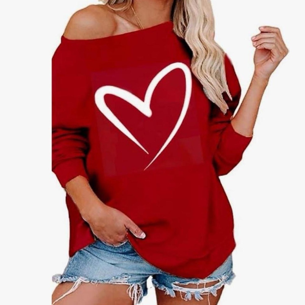 Roshop Valentines Day Red Heart Off Shoulder Slouchy Sweatshirt XXL